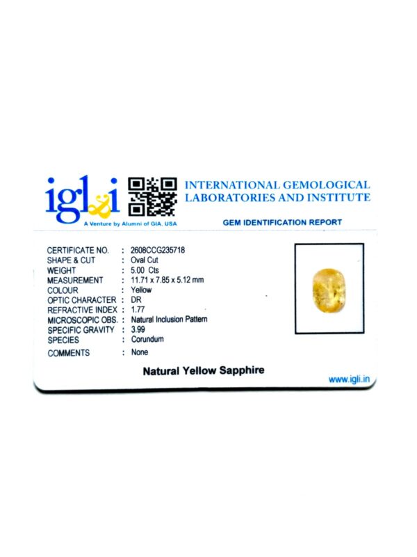 Yellow sapphire (Pukhraj) 5.00 Carat Certificate